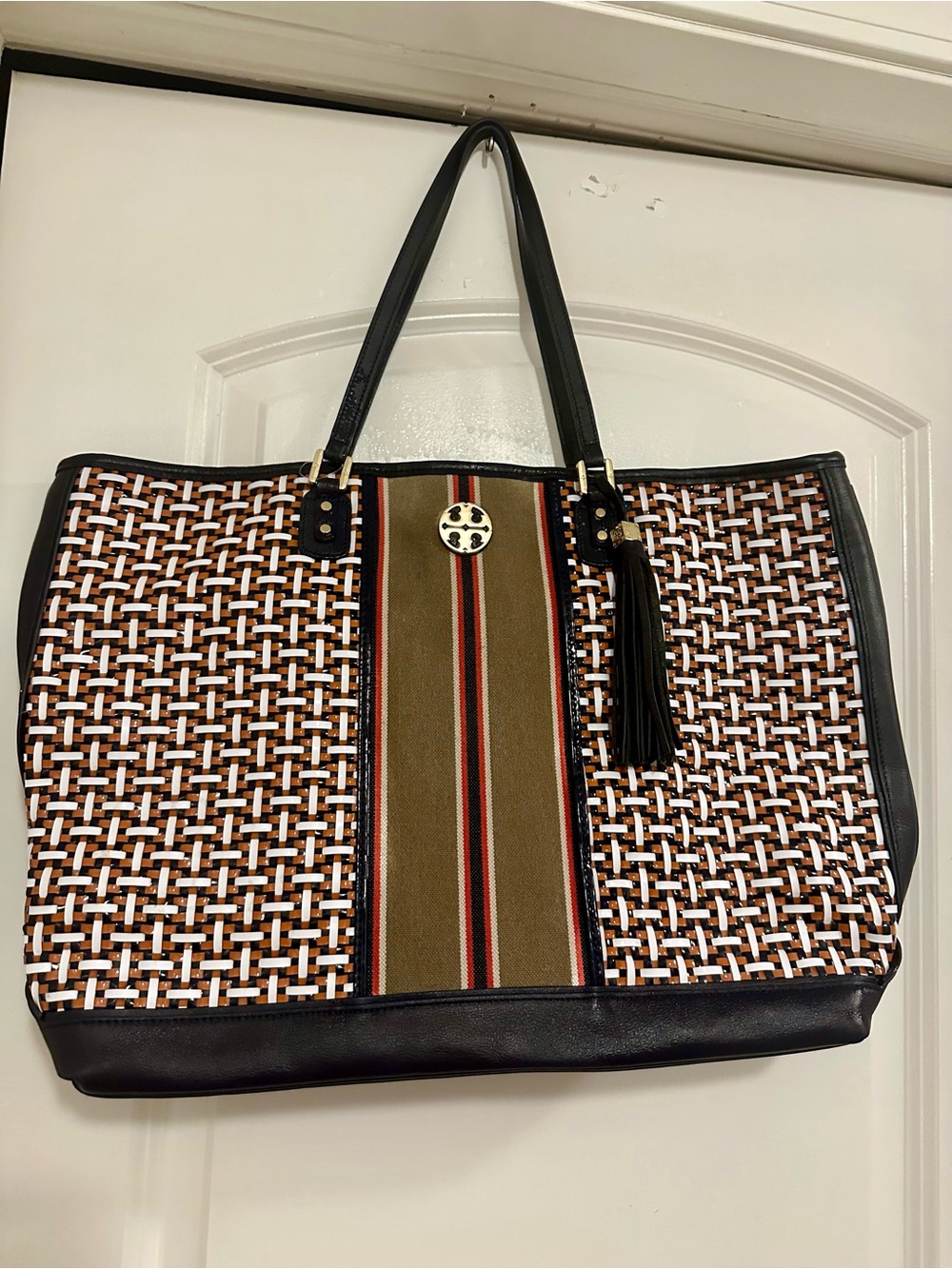 Tote Bag with Woven Pattern and Tassel - Black, Brown & Cream Tory Burch
